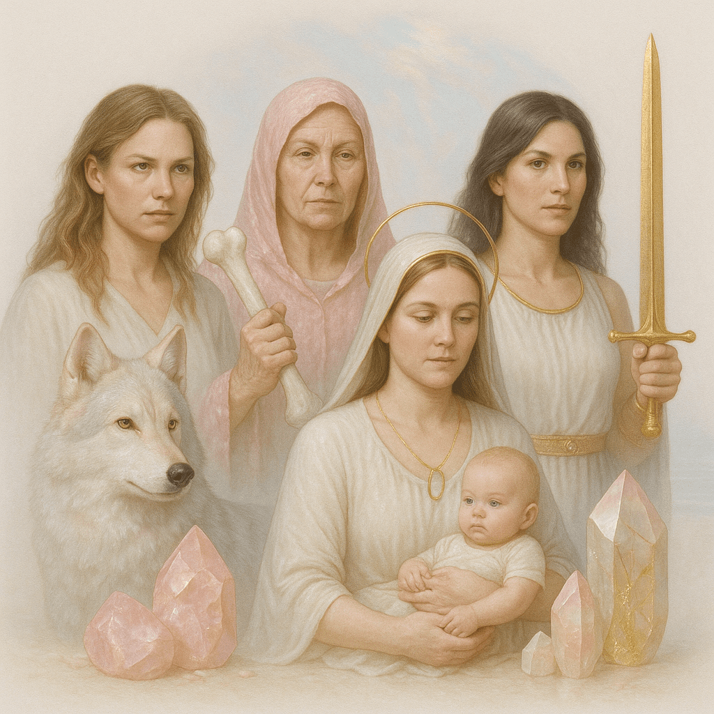 Collage de arquetipos femeninos representados con figuras simbólicas: la madre, la guerrera, la sabia y la amante"
