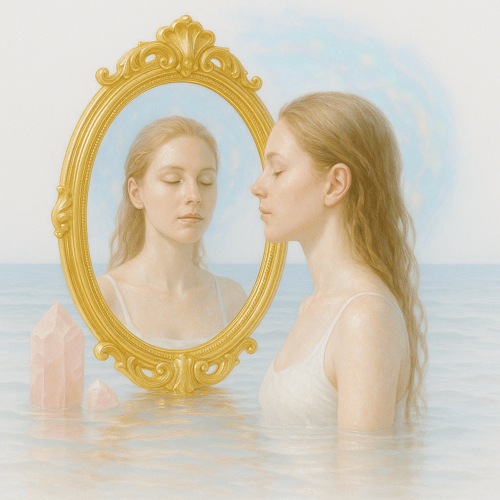Mujer frente a un espejo contemplando su reflejo, simbolizando el autoconocimiento y la integración de la sombra"
