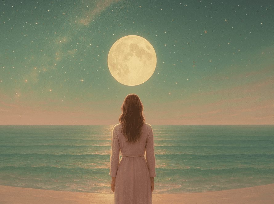 Psicología y Espíritu Mujer contemplando el mar y la luna bajo un cielo estrellado, imagen simbólica de transformación interior y conexión espiritual. Psicóloga en Viña del Mar, psicología online en Chile, consultorio de psicoterapia transpersonal.