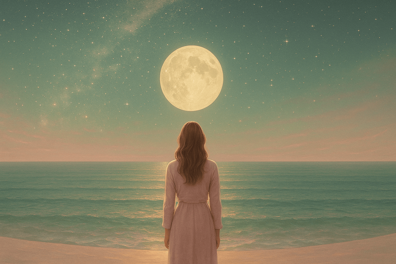 Psicología y Espíritu Mujer contemplando el mar y la luna bajo un cielo estrellado, imagen simbólica de transformación interior y conexión espiritual. Psicóloga en Viña del Mar, psicología online en Chile, consultorio de psicoterapia transpersonal.