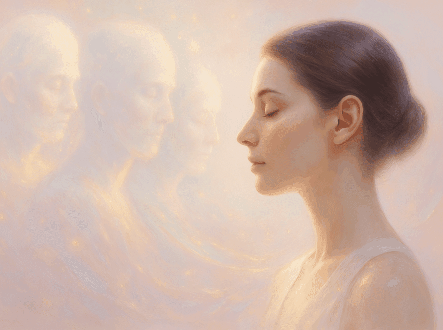 Mujer de perfil con los ojos cerrados, rodeada de luz e iridiscencias en tonos rosa, dorado y turquesa, conectando espiritualmente con presencias desencarnadas. Imagen simbólica de psicoterapia espiritual, mediumnidad terapéutica y transformación interior. Psicóloga transpersonal online, Viña del Mar – Chile – LATAM.