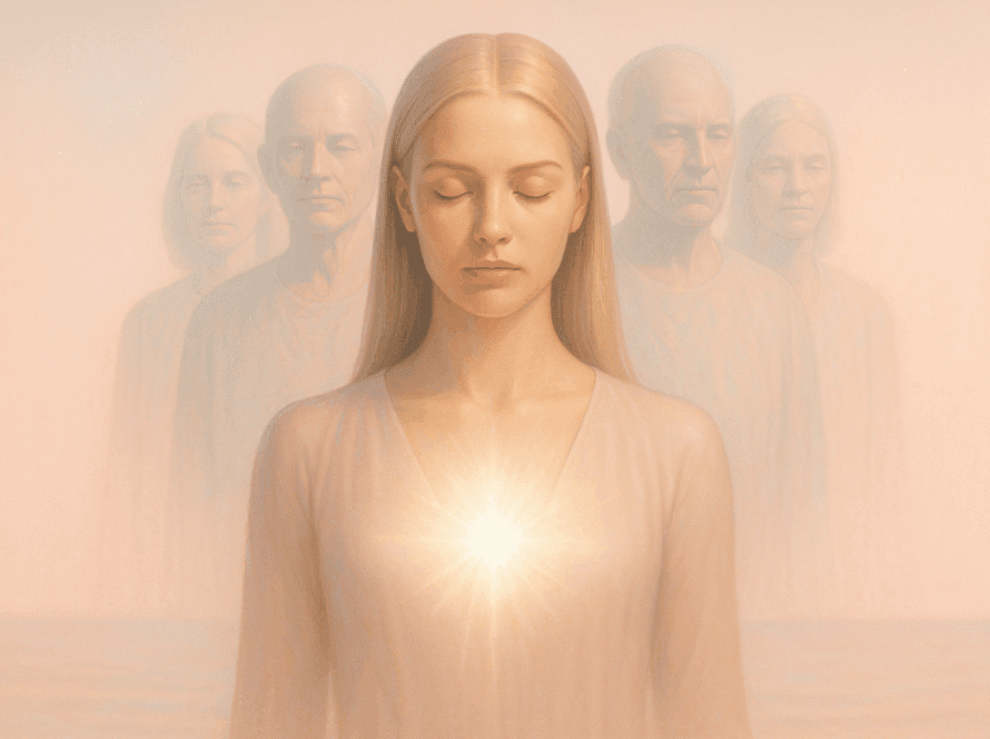 Constelaciones Familiares Transpersonales Mujer de pie con el pecho iluminado por una luz blanca, respaldada por una fila de ancestros difuminados en luz. Imagen sobre sanación transgeneracional y constelaciones familiares en enfoque terapéutico. Psicoterapia simbólica y espiritual en Chile.