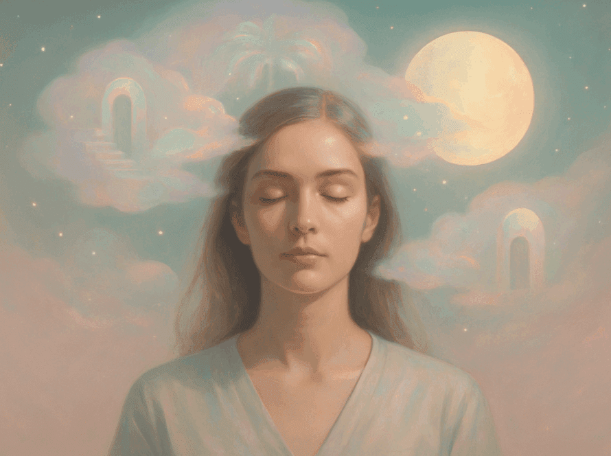 Interpretación de Sueños Mujer con ojos cerrados y expresión serena, rodeada de imágenes oníricas y simbolismo. Representación de trabajo terapéutico con sueños desde la psicología junguiana. Psicóloga en Viña del Mar, interpretación simbólica de sueños.