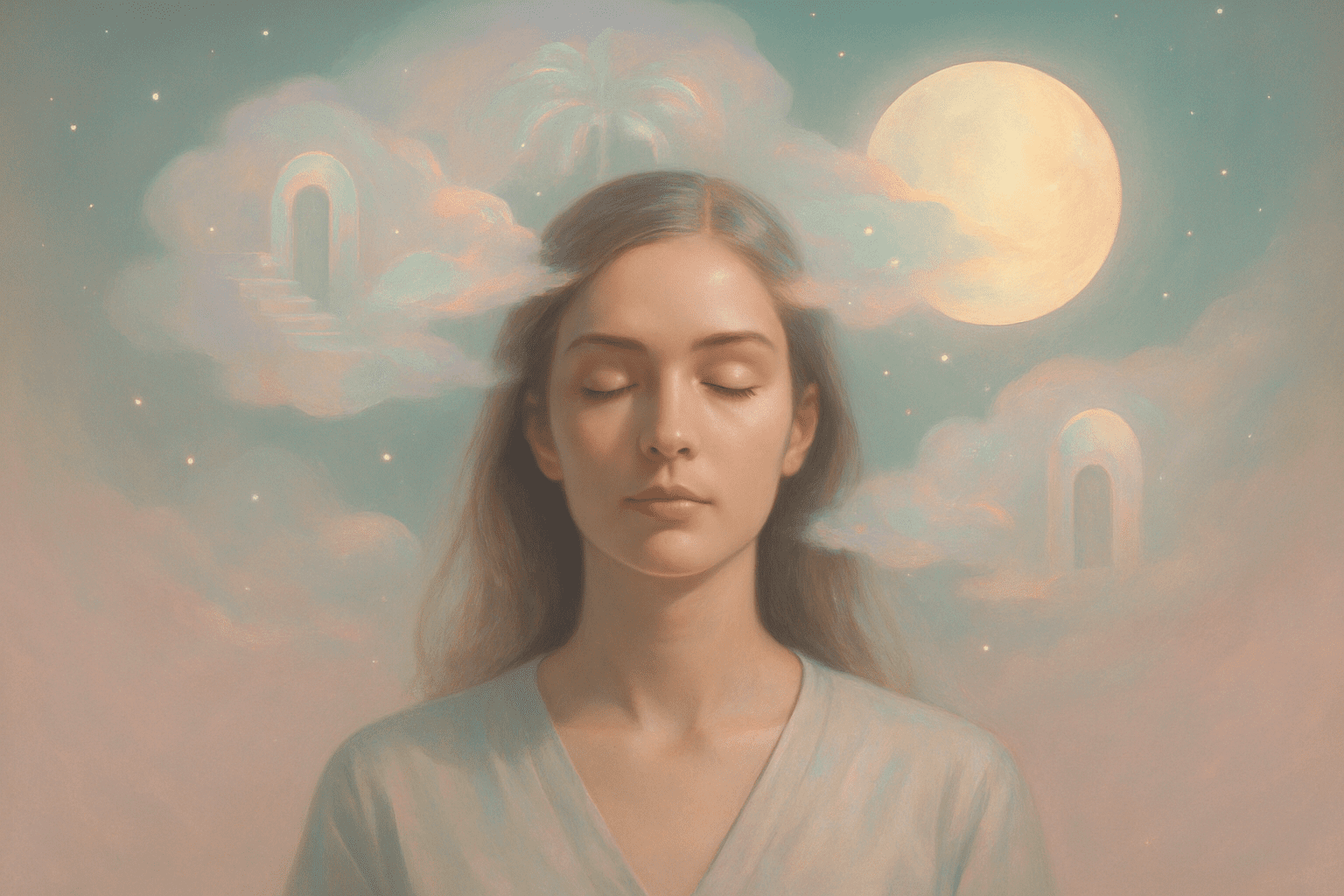 Interpretación de Sueños Mujer con ojos cerrados y expresión serena, rodeada de imágenes oníricas y simbolismo. Representación de trabajo terapéutico con sueños desde la psicología junguiana. Psicóloga en Viña del Mar, interpretación simbólica de sueños.